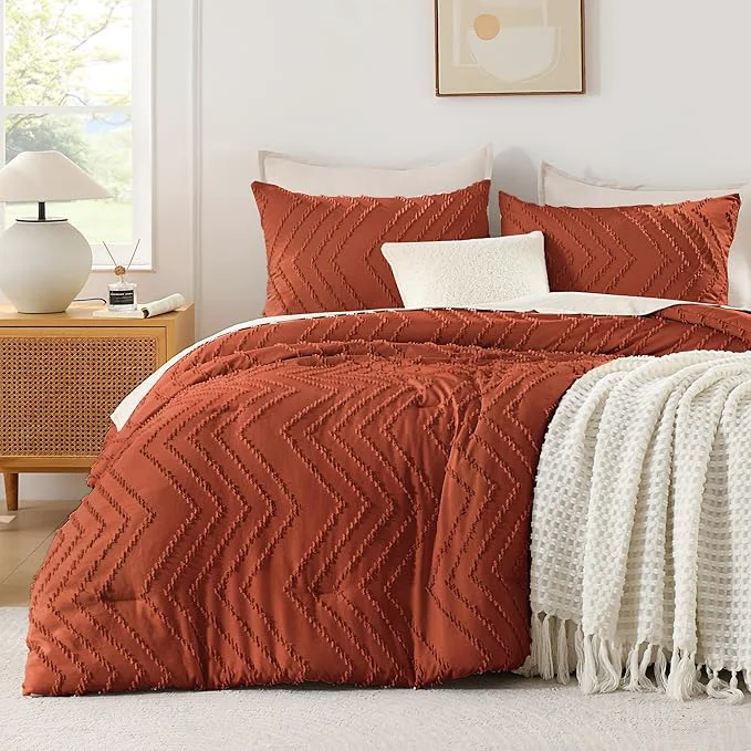 Safe Andency Burnt Orange California King Size Comforter Set Cal King Boho Terracotta Soft Warm Bedding Comforter Sets 3 Pieces Cali King Rust Chevron Tufted Aesthetic Microfiber Comforter Set Powerful