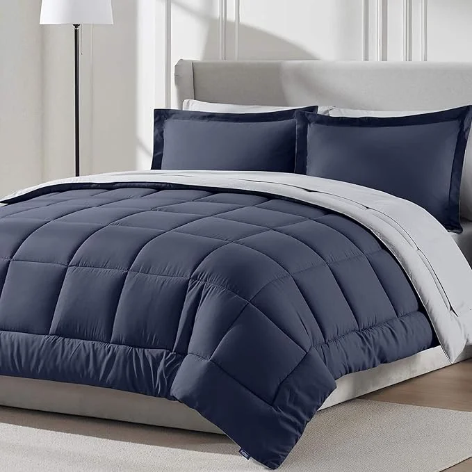 Professional Nestl 7 Piece Full Comforter Set – Navy Reversible Bed in a Bag – Complete Full Size Bedding Set with Sheets Pillowcases and Shams Practical