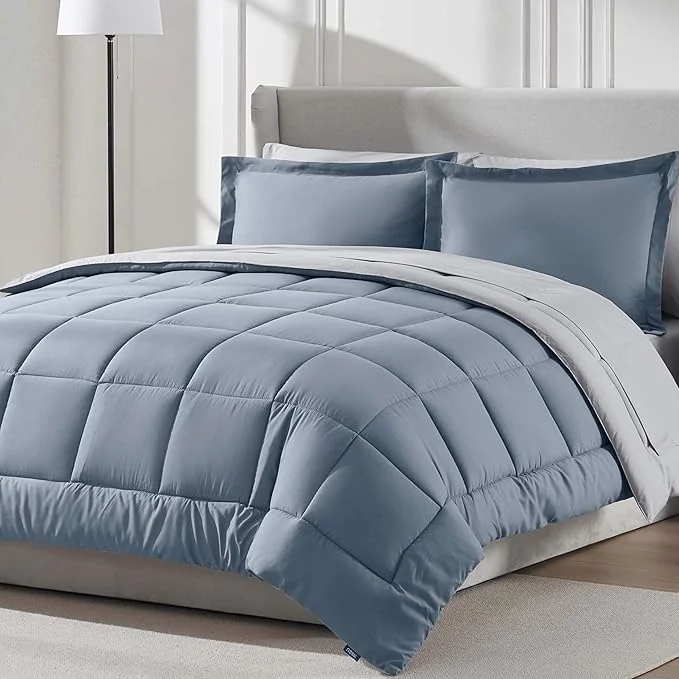 Refined Nestl 7 Piece Queen Comforter Set – Stone Blue Reversible Bed in a Bag – Complete Queen Size Bedding Set with Sheets Pillowcases and Shams Fine