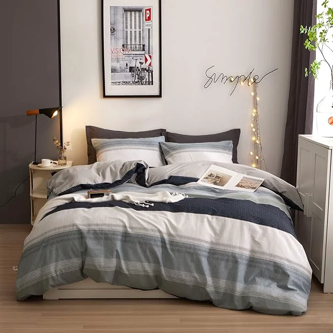 Detailed VM VOUGEMARKET Striped Comforter Set Queen Blue Gray Stripes Comforter with 2 Pillowcases Simple Modern Bedding Set Bed in a Bag All Season Queen Comforter Set for Teens Adults Natural