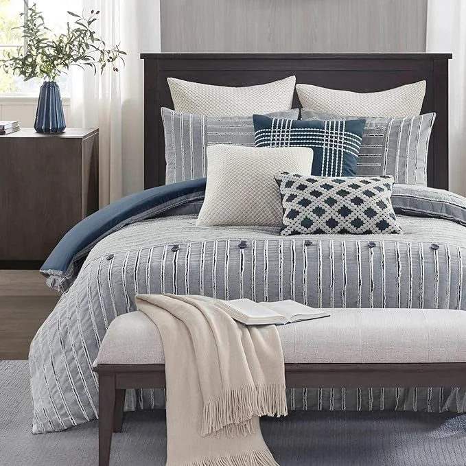 Prestigious Madison Park Queen Comforter Cotton Clipped Jacquard Oversized Comforters Queen Size Bed All Season Down Overfilled Queen Size Comforter Essence Full Queen Blue 8 Piece Easy-to-Use