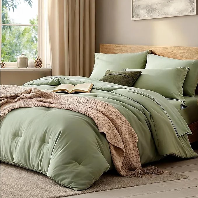 Trendy WRENSONGE Oversize King Size Comforter Set- 7 Pieces Sage Green Bed in a Bag Oversize King Size Comforter with Fitted Sheet Flat Sheet 2 Pillow Shams 2 Pillowcases Warm Bedding Sets for All Season Elegant
