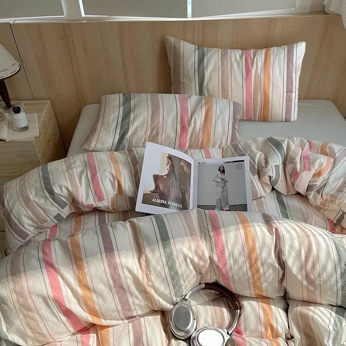 Eco-Friendly VM VOUGEMARKET Striped Comforter Set Queen Vertical Multicolor Stripes Cotton Bedding Comforter with 2 Pillowcases Modern Cozy Lightweight for Girls Women Orange Pink Green Coffee Original Design