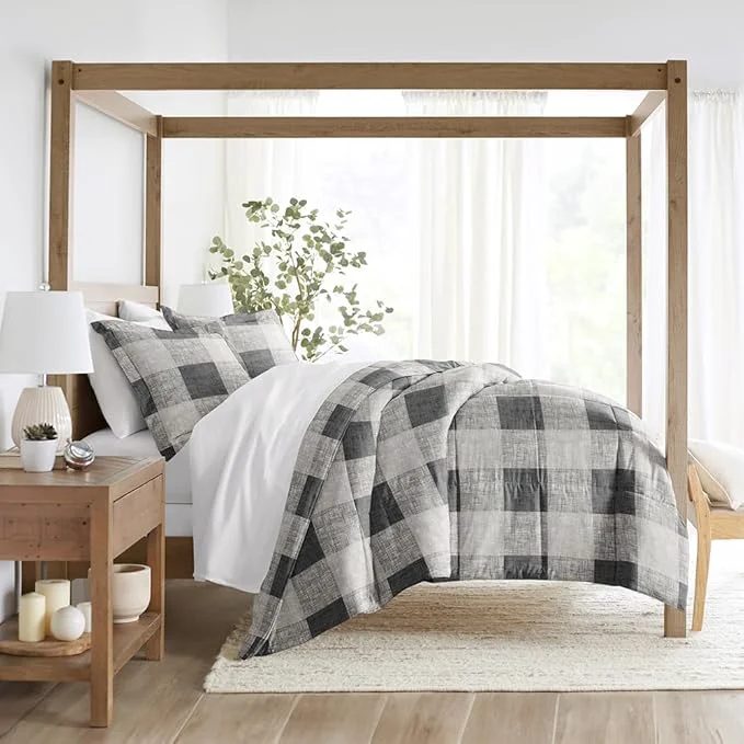 Traditional LINENS amp HUTCH Comforter Set Patterned Microfiber All Season Down- Ultra Soft Bedding in Gingham – King Cal-King Gingham Gray Efficient