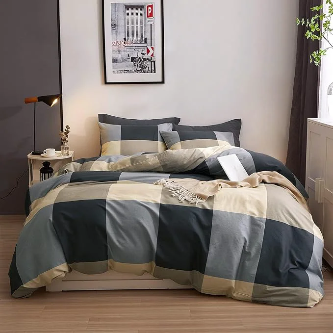 Luxury VM VOUGEMARKET King Comforter Set Black Grey Plaid Bedding Comforter with 2 Pillowcases Modern Cozy Lightweight Soft Geometric Comforter Set for Adults Selected