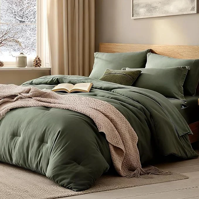 First-Class WRENSONGE California King Size Comforter Sets 7 Pieces Olive Green Bed in a Bag with Fitted Sheet Flat Sheet 2 Pillow Shams 2 Pillowcases Warm Bedding Sets for All Season Powerful