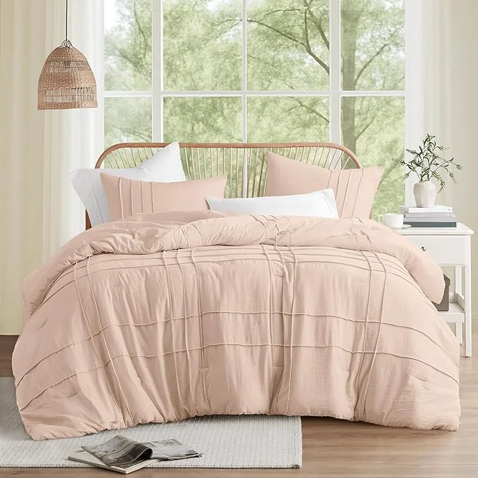 Solid Comfort Spaces Blush Cal King Size Comforter Set – 3 Pieces Pintuck Pleated Bedding Sets All Season Lightweight Extra Softness Pre-Washed Microfiber Cal King Bed Set Shams Cal King Selected