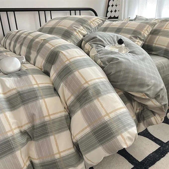 Safe VM VOUGEMARKET Green Plaid Comforter Set Queen 3 Pieces Gingham Comforter with 2 Pillowcases for Men Boys Simple Modern Bedding Set 90 quot x90 quot Carefully Designed
