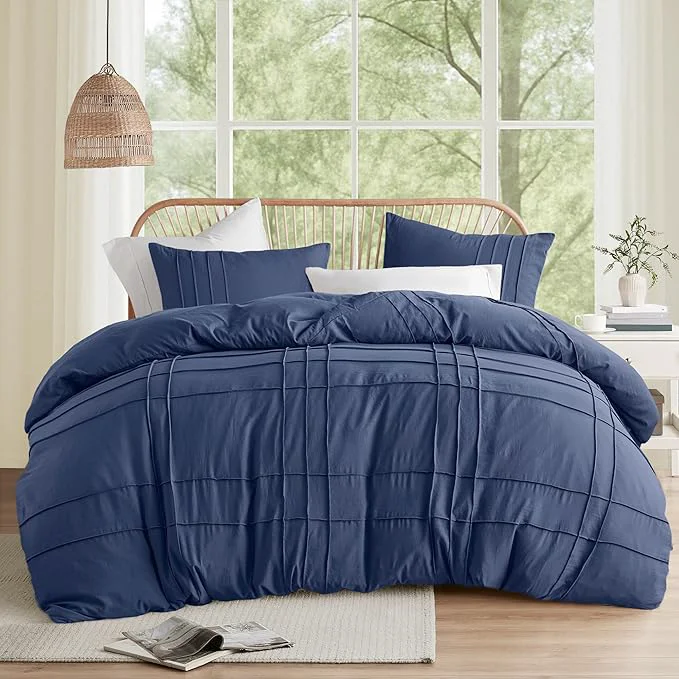 Premium Material Comfort Spaces Navy King Size Comforter Set – 3 Pieces Pintuck Pleated Bedding Sets All Season Lightweight Extra Softness Pre-Washed Microfiber King Bed Set Shams King Solid