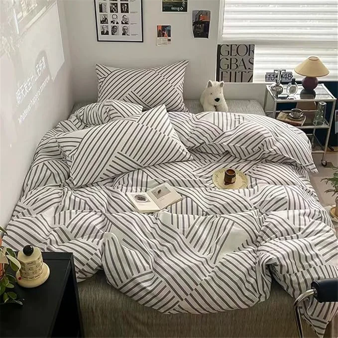 Dependable VM VOUGEMARKET Gray Striped Comforter Set Queen Teen Boys Geometric Bedding Set 3 Pieces Instagram Style Simple Modern Comforter with 2 Pillowcases Exceptional