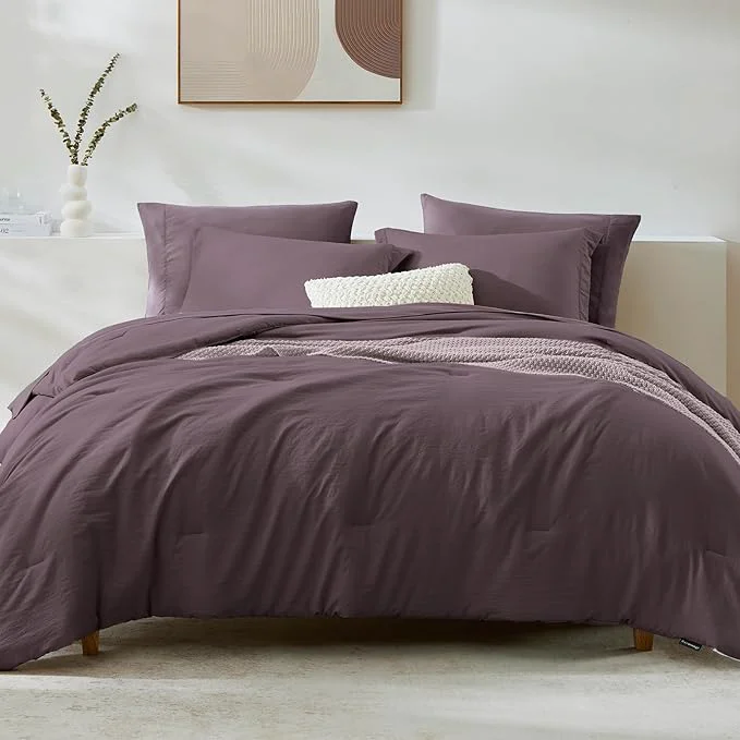 Organic WRENSONGE California King Size Comforter Set- 7 Pieces Artic Plum Bed in a Bag with Comforter Fitted Sheet Flat Sheet 2 Pillow Shams 2 Pillowcases Warm Bedding Sets for All Season Relaxed