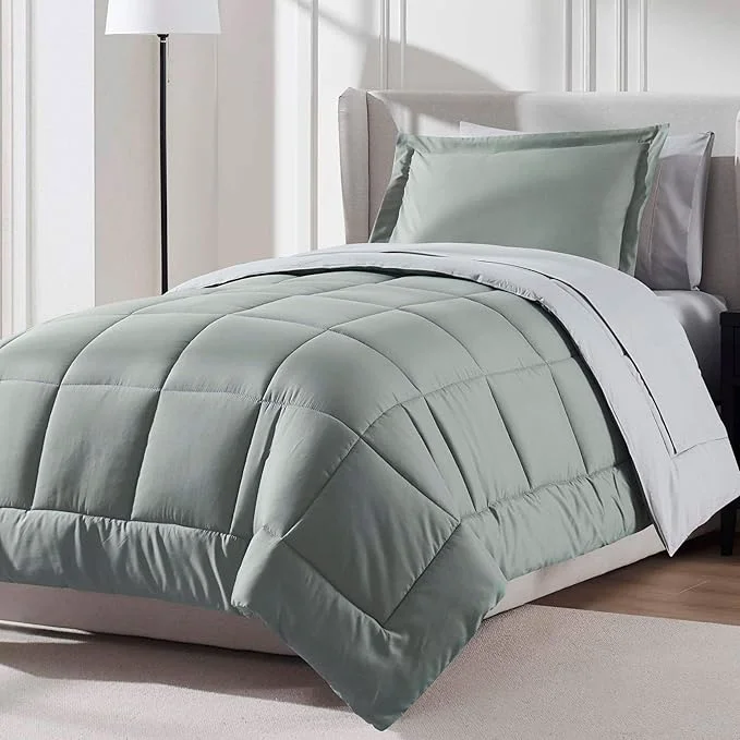 Specialty Nestl 5 Piece Twin XL Comforter Set – Sage Green Reversible Bed in a Bag – Complete Twin XL Size Bedding Set with Sheets Pillowcase and Sham Detailed