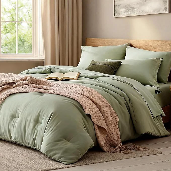 Fashionable WRENSONGE Queen Comforter Set – 7 Pieces Sage Green Soft Bed in a Bag Queen with Fitted Sheet Flat Sheet 2 Pillow Shams and 2 Pillowcases- Warm Bedding Sets Queen for All Season Flexible