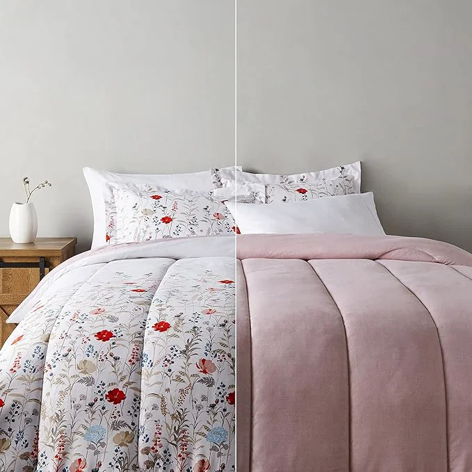 Secure Amazon Basics Full Queen Size Ultra-Soft Lightweight Microfiber Reversible 3-Piece Bedding Comforter Set Pink Floral Washable Premium