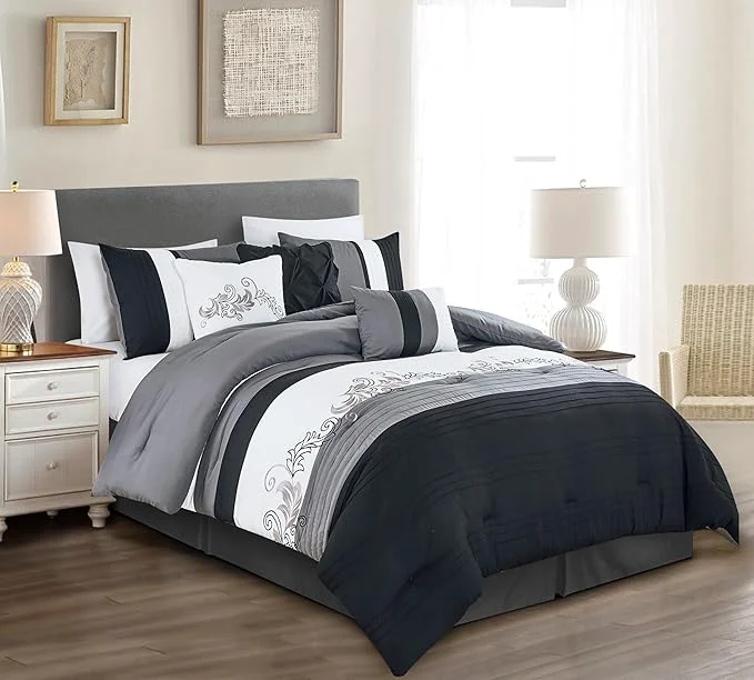 Casual Chezmoi Collection Napa 7-Piece Luxury Leaves Scroll Embroidery Bedding Comforter Set Full Black Gray White Refined
