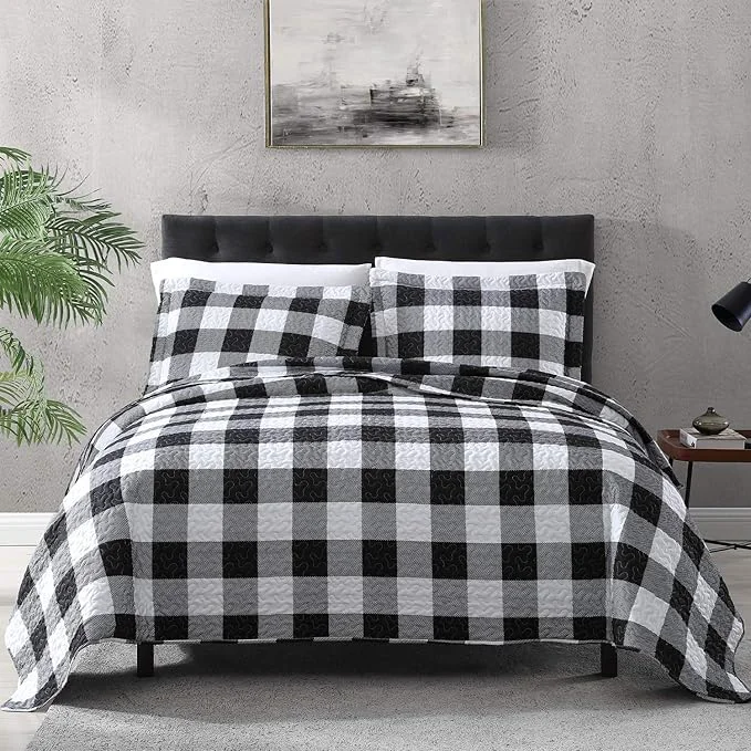 Official EXQ Home Quilt Set Full Queen Size 3 Piece Lightweight Microfiber Coverlet Modern Style Black and White Squares Pattern Bedspread Set 1 Quilt 2 Pillow Shams High-Performance