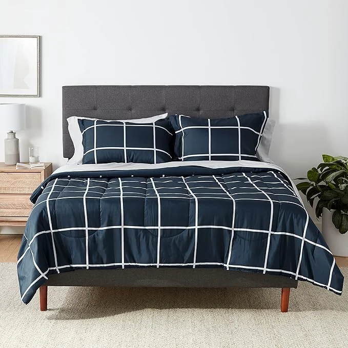 Eco-Friendly Amazon Basics Full Queen Comforter Set with Sheets 7-Piece Navy with Grey Plaid Bedding Lightweight Microfiber Bed-in-a-Bag Safe