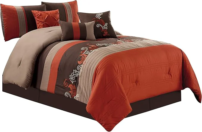 Selected Chezmoi Collection Napa 7-Piece Luxury Autumn Leaves Scroll Embroidery Bedding Comforter Set California King Rust Orange Brown Taupe Recyclable