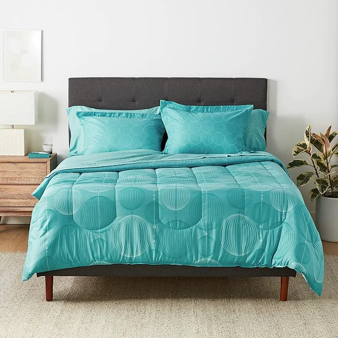 Green Amazon Basics Full Queen Comforter Set with Geometric Sheets 7-Piece Industrial Teal Bedding Lightweight Microfiber Bed-in-a-Bag Powerful