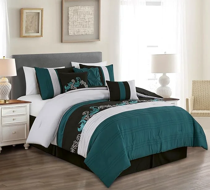 Artisan Chezmoi Collection Napa 7-Piece Luxury Leaves Scroll Embroidery Bedding Comforter Set King Teal Black Gray Specialty