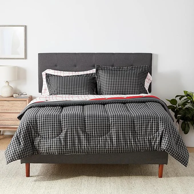 Natural Amazon Basics Full Queen Comforter Set with Plaid Striped Sheets 7-Piece Red Simple Stripe Bedding Lightweight Microfiber Bed-in-a-Bag High-Performance