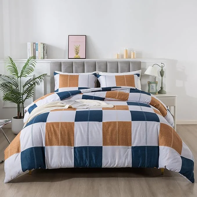 Carefully Designed Caressma Plaid Checkered Comforter Set Navy Blue and Gray Fluffy Brown Geometric Grid Buffalo 3 Pieces Comforter Set Queen with Two Matching Pillow Shams Responsible