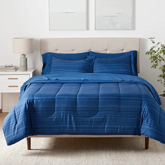 High-End Amazon Basics Full Queen Comforter Set with Sheets 7-Piece Blue Calvin Striped Bedding Lightweight Microfiber Bed-in-a-Bag Certified
