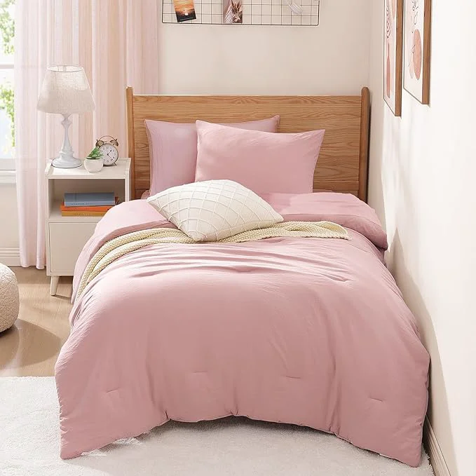 Original WRENSONGE Twin Comforter Set- 5 Pieces Soft Pink Twin Bed in a Bag All Season Twin XL Bedding Sets with 1 Fitted Sheet 1 Flat Sheet 1 Pillow Sham and 1 Pillowcase Dependable