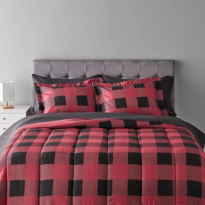 Efficient Amazon Basics Full Queen Comforter Set with Sheets 5-Piece Red Buffalo Plaid Bedding Lightweight Microfiber Bed-in-a-Bag Flexible