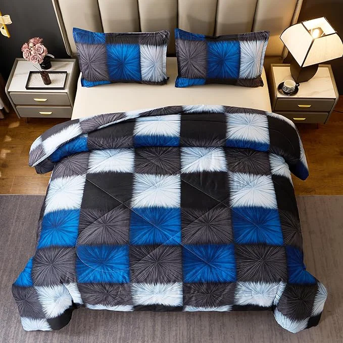 High-Quality Caressma King Comforter Set Black and Blue 104×90 Inch 3 Pieces Buffalo Plaid Black and White Checkered Comforter Bedding Set Stylish Geometric Plaid Fluffy Home Decor for All Seasons Prestigious