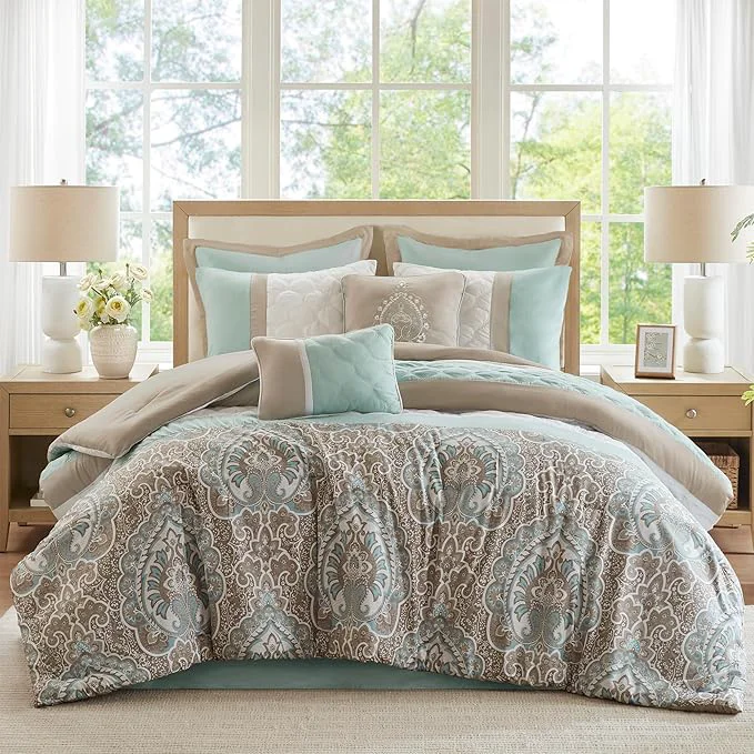 Environmentally Friendly 510 DESIGN Luxe Quilted Comforter Set Modern Transitional Design All Season Down Warm Bedding Matching Shams Bedskirt Decorative Pillow King Shawnee Scrollwork Seafoam Selected