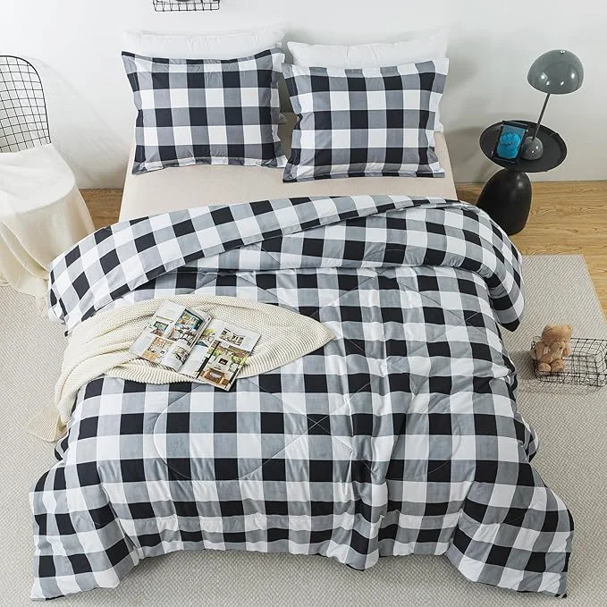 Fast Caressma Black White Plaid Comforter Set Queen 3 Pieces Buffalo Plaid Checkered Bedding Comforter Sets Classic Geometric Plaid Fluffy Home Decor for All Seasons 90×90 Inch Environmentally Friendly