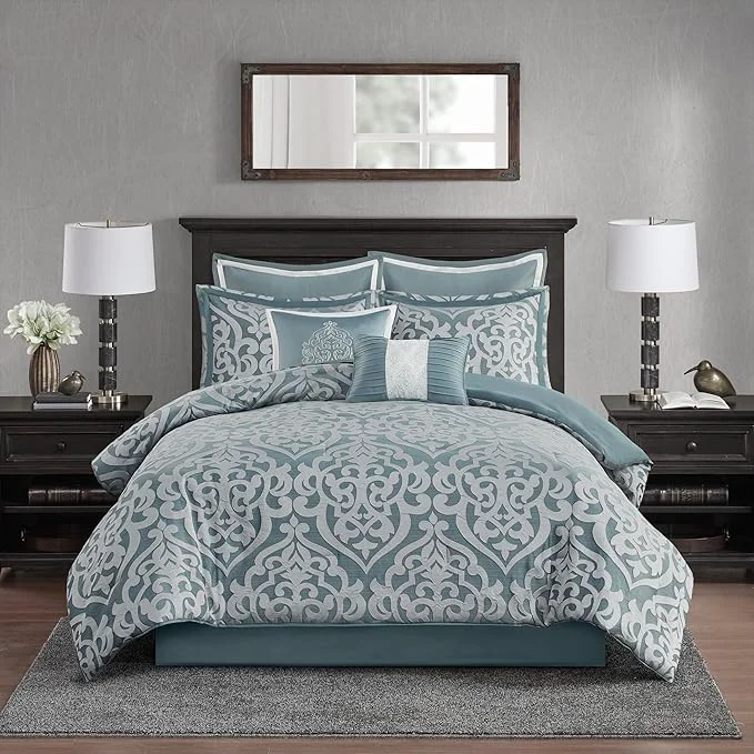 Outstanding Madison Park Odette Cozy Comforter Set Jacquard Damask Medallion Design – Modern All Season Down Bedding Shams Decorative Pillows Queen 90 in x 90 in Aqua Unique