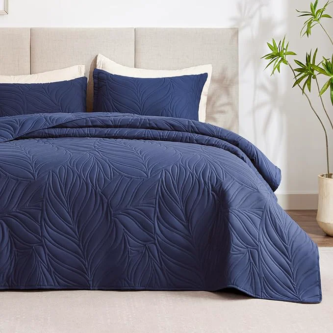 Reusable EXQ Home Quilt Set Full Queen Size Navy 3 Piece Lightweight Soft Coverlet Modern Style Leaf Pattern Bedspread Set 1 Quilt 2 Pillow Shams Casual