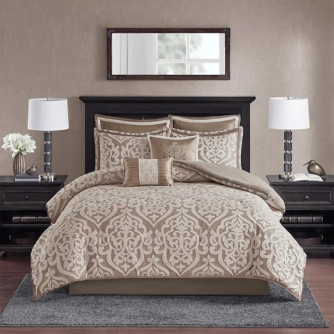 Flexible Madison Park Odette Cozy Comforter Set Jacquard Damask Medallion Design – Modern All Season Down Bedding Shams Decorative Pillows Cal King 104 in x 92 in Tan 8 Piece Expertly Made