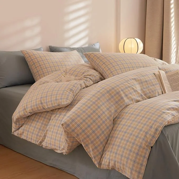 Original Plaid Comforter Set Queen Size Washed Cotton Down Bedding Set All Season Fluffy Puffy Boho Bedding Comforter Sets Comfy Soft Cute Machine Washable Bed Comforter with 2 Pillowcases Premium Material