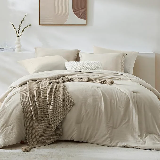 High-Grade WRENSONGE Light Oatmeal Super King Comforter Set 7 Pieces Soft Microfiber Comforters with Fitted Sheet Flat Sheet 2 Pillow Shams and 2 Pillowcases- Warm Bedding Sets Super King for All Season Recyclable