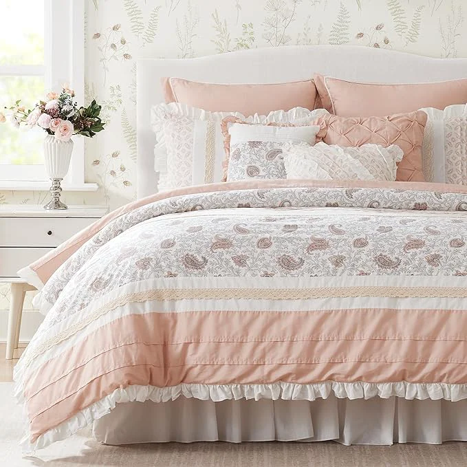 Official Madison Park Dawn Cotton Shabby Chic Comforter Set-Modern Cottage Design All Season Down Bedding Matching Shams Bedskirt Decorative Pillows Queen 90 quot x90 quot Blush 9 Piece High-End
