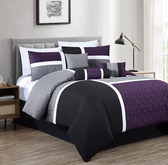 Sophisticated Chezmoi Collection Upland 7-Piece Quilted Patchwork Comforter Set Purple Black Gray California King Smart