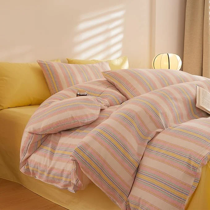 Verified Pink and Yellow Striped Comforter Sets King Fluffy Down Bedding Set Cute Cozy Washed Cotton Bedroom Bedding Comforter Sets Boho Chic Soft Comfy Bed Comforter with 2 Pillowcases Clean