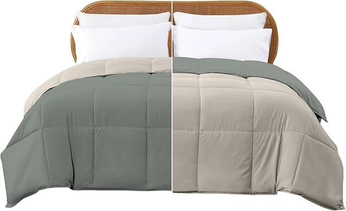 Organic Modern Threads Down Reversible Comforter Sage Green Cream King Comfortable