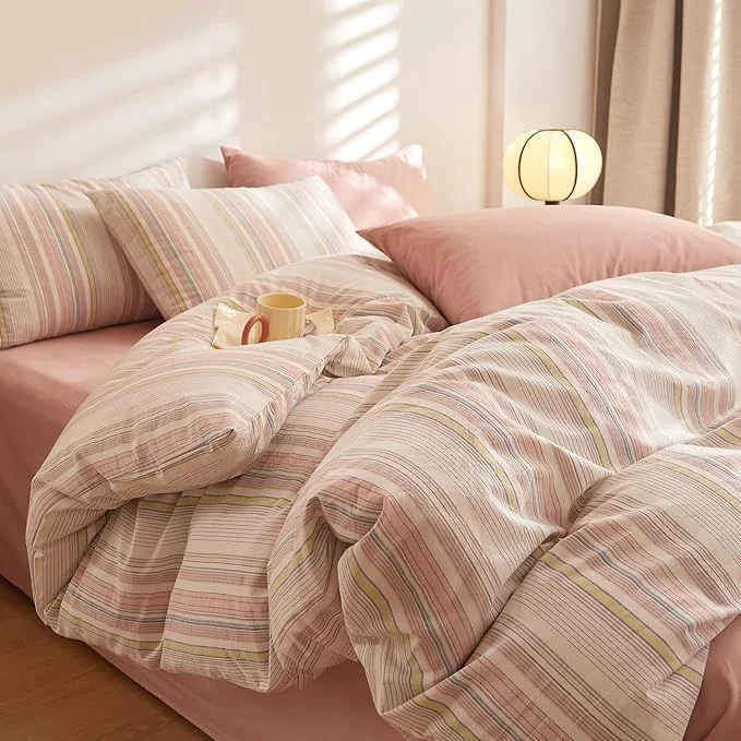 Elite Pink Striped Comforter Queen Boho Down Bedding Set Washed Cotton Cozy Fluffy Cute Bedding Comforter Sets Chic Soft Breathable Vintage Bed Comforter with 2 Pillowcases Functional