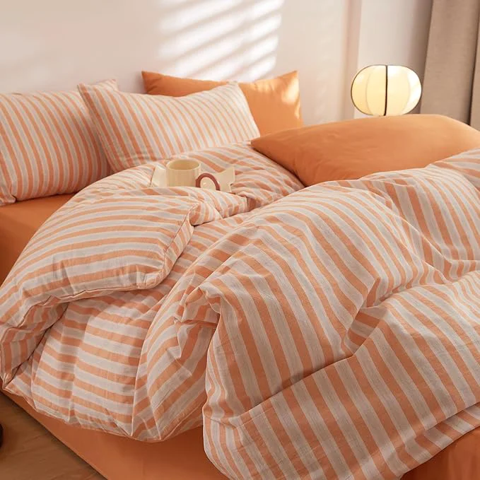 Recyclable Orange Striped Comforter Twin XL Fluffy Down Bedding Set Soft Washed Cotton Chic All Season Bedding Comforter Sets Cute Boho Cozy Rustic Bed Comforter with 2 Pillowcases Eco-Friendly