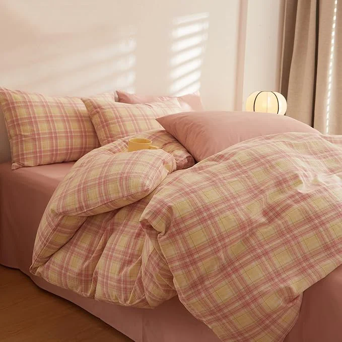 Green Plaid Queen Bed Comforter Set Washed Cotton Boho Bedding Set Down Farmhouse Fluffy Soft Bedding Comforter Sets Washable Cute Cozy All Season Bed Comforter with 2 Pillowcases Pure