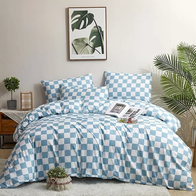 Stylish Houseri Plaid Blue and White Comforter Set – Queen Size Light Blue Checkerboard Bedding – Teen Boys Girls Baby Blue Grid Modern Buffalo Checkered Comforter Contemporary