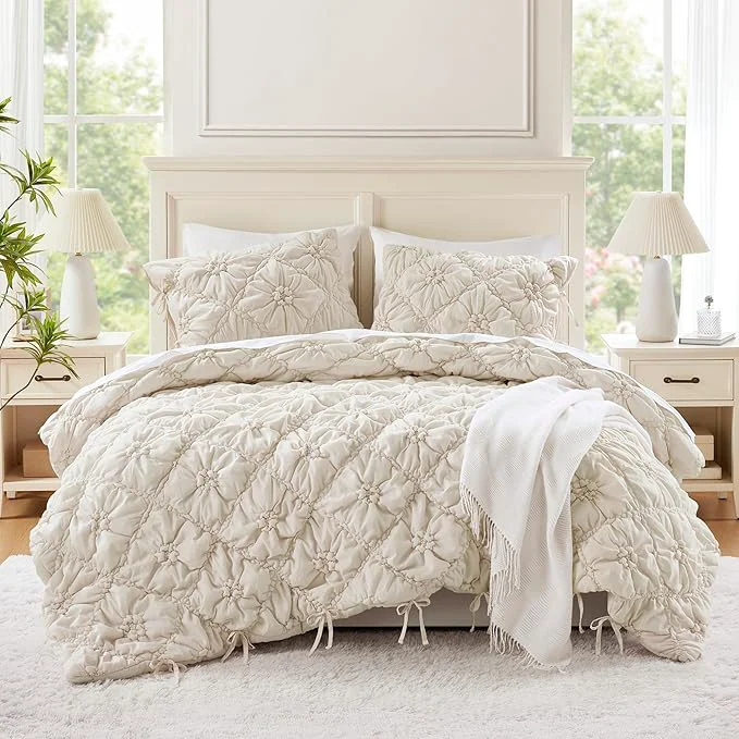 Secure Intelligent Design King Comforter Set – Ivory Lily Puffy Floral Shabby Chic Boho Bedding Comforter Set Pinch Pleat Bedding Sets Ultra-Soft Lightweight amp All-Season King Cal K Versatile
