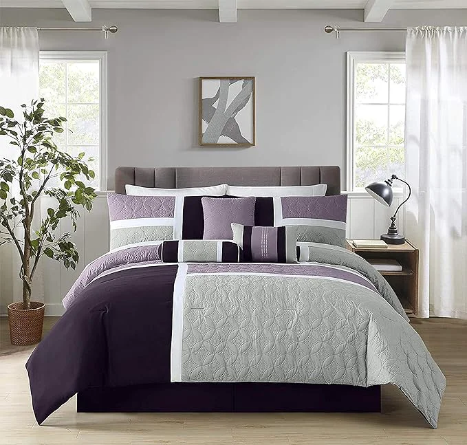 Green Chezmoi Collection Upland 7-Piece Quilted Patchwork Comforter Set Lavender Gray Purple Oversized King Eco-Friendly