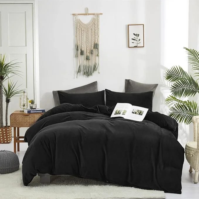 Fashionable Houseri Velvet Black Comforter Set – Fluffy Comforters Soft Warm Bedding Sets for Queen Size Unique