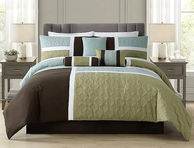 Functional Chezmoi Collection 7-Piece Quilted Patchwork Comforter Set Coffee Brown Aqua Blue Sage Green Queen Casual