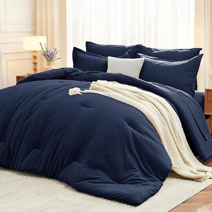 Specialty MUXHOMO 7 Pieces California King Comforter Set Soft Bed in a Bag Cal King Size All Season Bedding Set with Comforter Flat Sheet Fitted Sheet Pillowcases amp Shams Navy Blue Unique